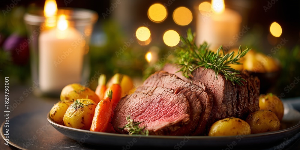 Naklejka premium Roast beef slices with potatoes and carrots served on an elegant table surrounded by candles and holiday decor.
