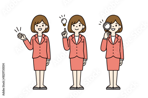 案内する・閃く・調べる、スーツを着た若い女性の全身ベクターイラスト素材セット＿カラー