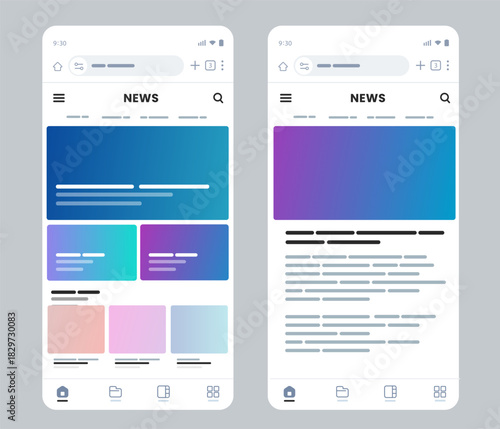 News application interface headline banners and article list on white background for online media magazine or blog reading platform mobile app design