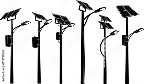 Solar-powered street light silhouettes with LED lamps and panels, sustainable urban lighting vector art - flavector