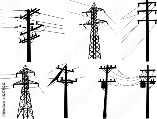 Silhouettes of utility poles, transmission towers, electrical grid structures for power distribution systems - flavector