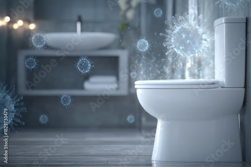 Clean Toilet Seat with Magnified Views of Bacteria and Viruses Germs