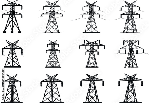 Transmission tower silhouettes, electric pylons, grid structures, vector infrastructure illustration, high-voltage engineering design - flavector