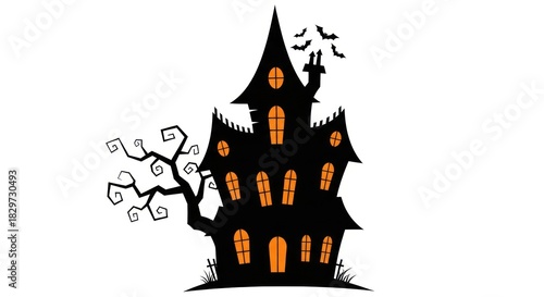 Spooky haunted house with bats for Halloween holiday celebration