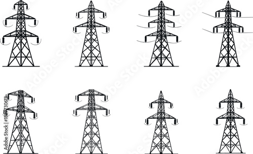 Transmission tower silhouettes, electric pylons, power grid structures, vector infrastructure illustration, high-voltage engineering design - flavector