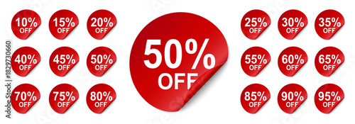 Promotional stickers with various percentage discounts, red promotion sticker badges for shopping marketing, discount prices sale
