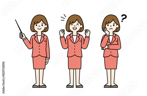 説明する・頑張る・考える、スーツを着た若い女性の全身ベクターイラスト素材セット＿カラー