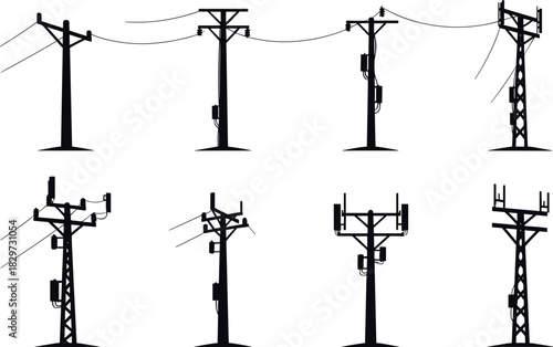 Utility pole silhouettes with antennas and electrical components, telecom and power grid vector art - flavector