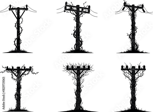 Utility pole silhouettes overtaken by vines and foliage, nature reclaiming infrastructure vector art - flavector