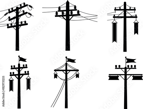 Utility pole silhouettes with flags, banners, and wires, decorative infrastructure vector art - flavector