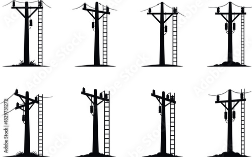Utility pole silhouettes with ladders and electrical components, electric grid vector art, maintenance infrastructure series - flavector