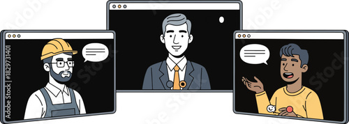 Business video conference meeting with three diverse professionals in a virtual meeting