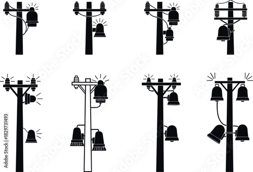 Utility pole silhouettes with ringing bells and electrical components, alert system vector art - flavector