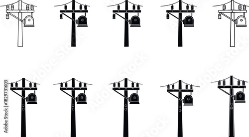 Utility pole silhouettes with transformers and insulators, electric grid vector art, infrastructure comparison series - flavector