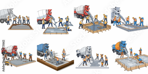 Detailed illustration set depicting construction workers and cement mixer trucks pouring and finishing concrete foundation slabs for building projects.
