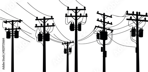 Utility pole silhouettes with transformers and interconnected wires, electric distribution network vector art - flavector