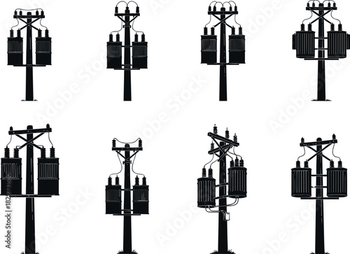 Utility pole silhouettes with transformers and insulators, electric grid vector art, power distribution infrastructure - flavector