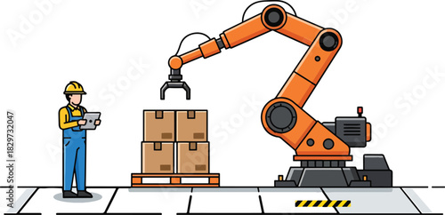Automated warehouse robot arm stacking boxes on a pallet with worker monitoring via tablet