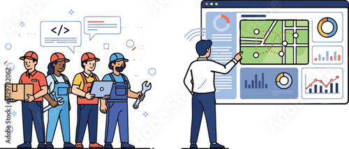 Team of workers, mechanics, and developers collaborating with a manager presenting a digital dashboard with charts and graphs on a screen for project management and logistics