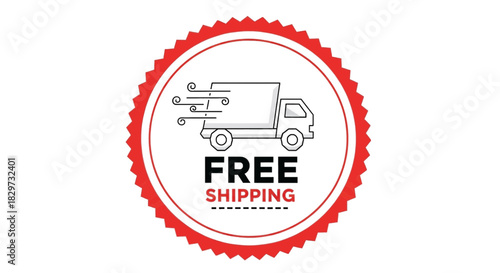Red circular stamp icon featuring a fast delivery truck and free shipping text