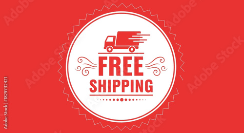 Red circular badge graphic advertising free shipping with a delivery truck icon