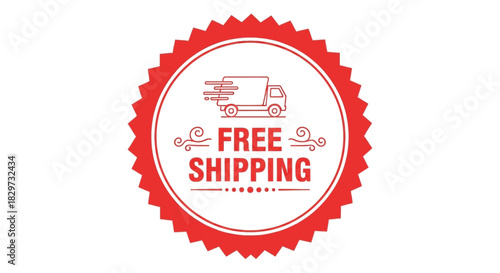 Red circular badge graphic advertising free shipping with a delivery truck icon