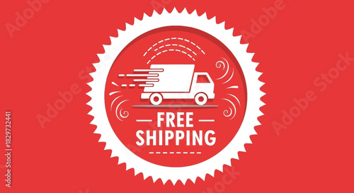 Red circular stamp graphic featuring a white delivery truck icon and text