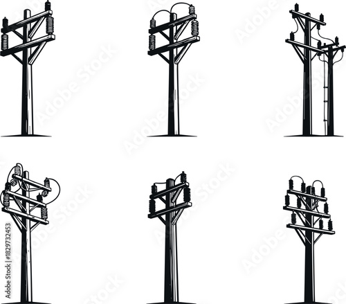 Utility pole silhouettes, insulator and wire setups, electric grid vector art, infrastructure illustration series - flavector