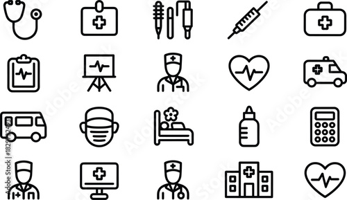 Medical Line Icons Set Isolated on White,Healthcare Outline Icon Collection,Hospital and Medicine Line Art Symbols,Doctor and First Aid Line Icons Pack,Medical Equipment and Health Symbols Vector,Ai