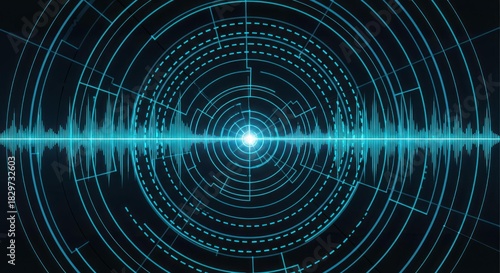 Abstract tech background with soundwaves and circular elements
