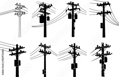 Utility pole silhouettes with transformers, insulators, and wires, electric distribution infrastructure vector art - flavector