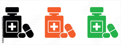 Colorful medical pill bottles with cross symbols offer treatment and relief for health issues promoting wellness and recovery in a simple design.