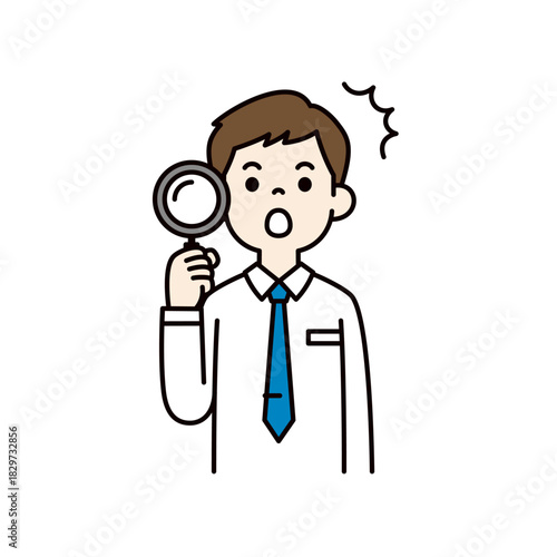 分析・調査・検索して驚く、若いビジネスマンのシンプルな上半身ベクターイラスト素材＿カラー