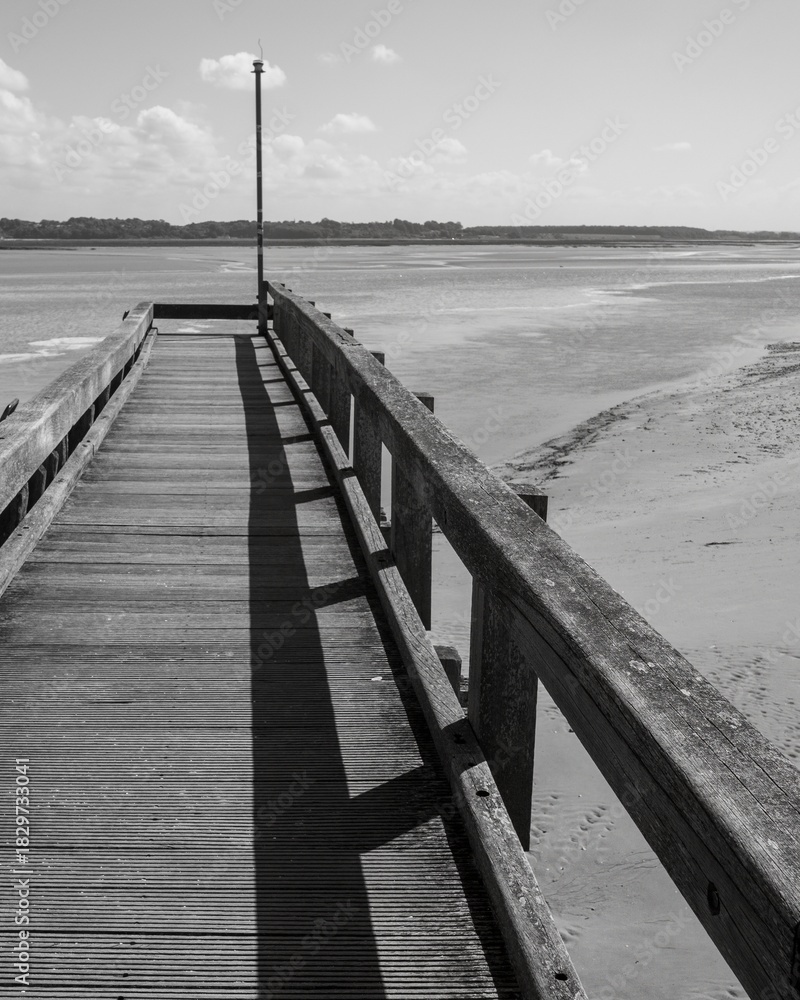 Fototapeta premium wooden jetty on the north sea coast, greyscale shot