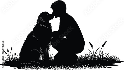Silhouette of man lovingly kissing dog in grass, outdoor bond between human and pet, emotional animal friendship vector illustration