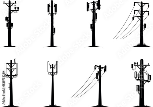 Utility pole silhouettes, transformer and wire setups, electric grid vector art, infrastructure illustration layout - flavector