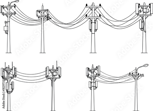 Utility pole silhouettes, transformer and streetlight setups, electric grid vector art, infrastructure illustration series - flavector