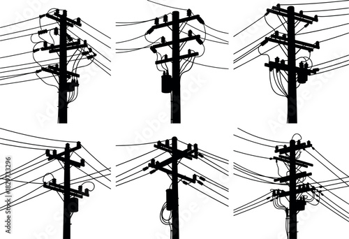Utility pole silhouettes, transformer and wire setups, electric grid vector art, infrastructure illustration series - flavector