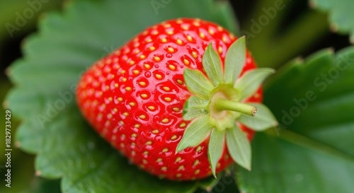 Luscious red strawberry resting on a vibrant green leaf, a taste of summer's sweetness and healthy eating, perfect for food blogs and marketing