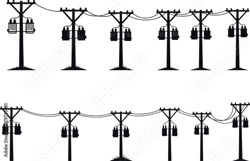Utility pole silhouettes, transformer configurations, power line tension curves, electric grid vector art, infrastructure illustration - flavector