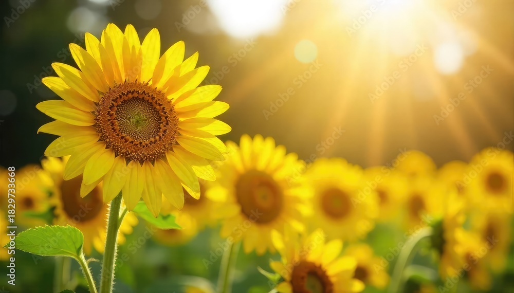 Fototapeta premium A bright, cheerful Monday morning scene featuring vibrant yellow sunflowers in full bloom, bathed in sunlight, symbolizing positivity and a fresh start to the week , garden, meadow