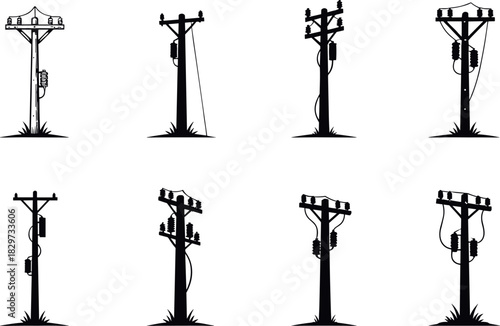 Utility pole silhouettes, transformer setups, power line configurations, electric grid vector art, infrastructure illustration - flavector