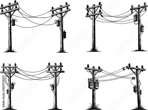 Utility pole silhouettes, transformer setups, power line connections, electric grid vector art, infrastructure illustration - flavector