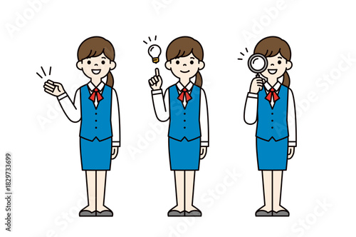 紹介する・気づく・検索する、制服を着た若い女性の全身ベクターイラスト素材セット＿カラー