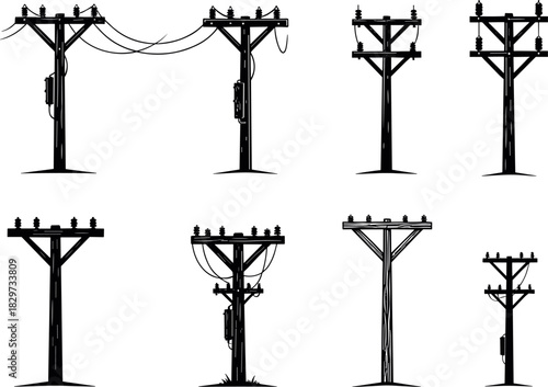 Utility pole silhouettes, transformer setups, power line configurations, electric grid vector art, infrastructure illustration - flavector