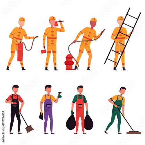 Firefighters and Cleaning Workers Vector Set