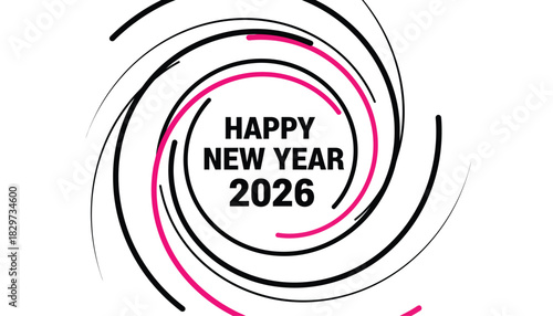 Happy New Year 2026 with abstract swirl lines greeting cards and festive backgrounds