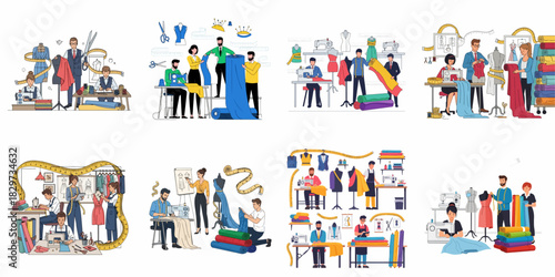 Set of illustrations showing professional fashion designers, tailors, and seamstresses working in an atelier, focusing on garment creation and textile production.