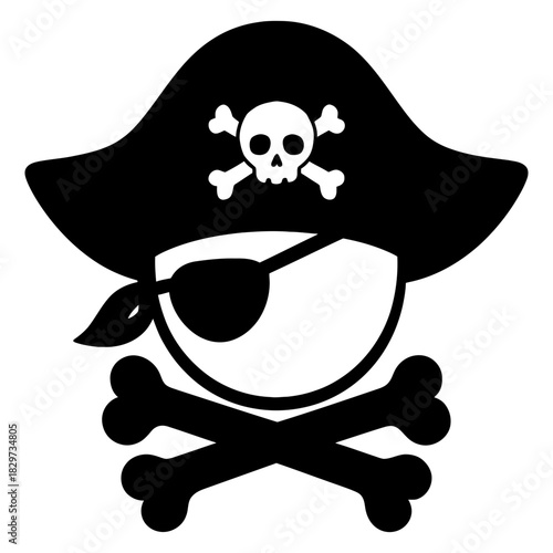 Cartoon pirate skull crossbones face icon hat eyepatch vector symbol black