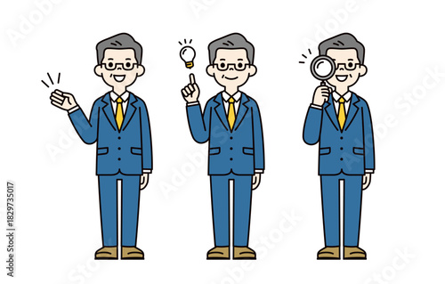 説明する・提案する・探す、スーツ姿の中高年の男性の全身ベクターイラスト素材セット＿カラー